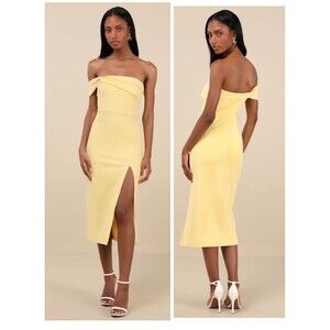 Lulu's Pale Yellow Off-Shoulder Midi Dress with Front Slit